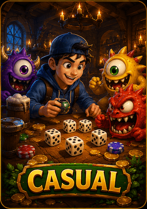 Casual mode — friends rolling dice against grinning monsters