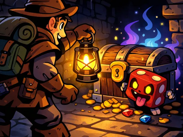 Explorer discovering a dice monster in a dungeon